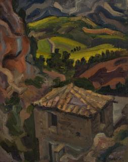 Velina, House in Ravine Looking Down — Oil painting, Canvas, 40.00×50.00cm — Theodoros Markellos